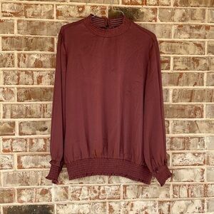 Oddy Deep Mauve High Neck Long Sleeved Shirred Blouse